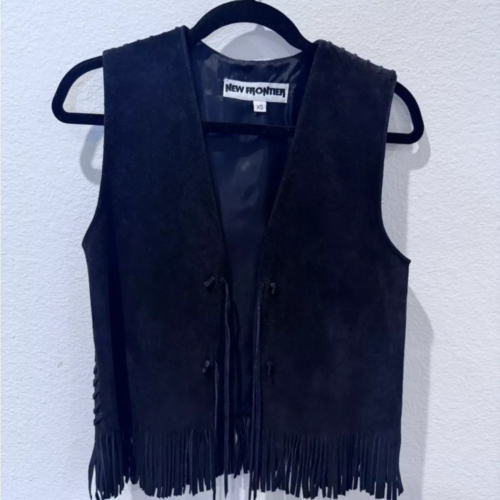New Frontier Black Suede Leather Fringe Vest Boho Festival XS